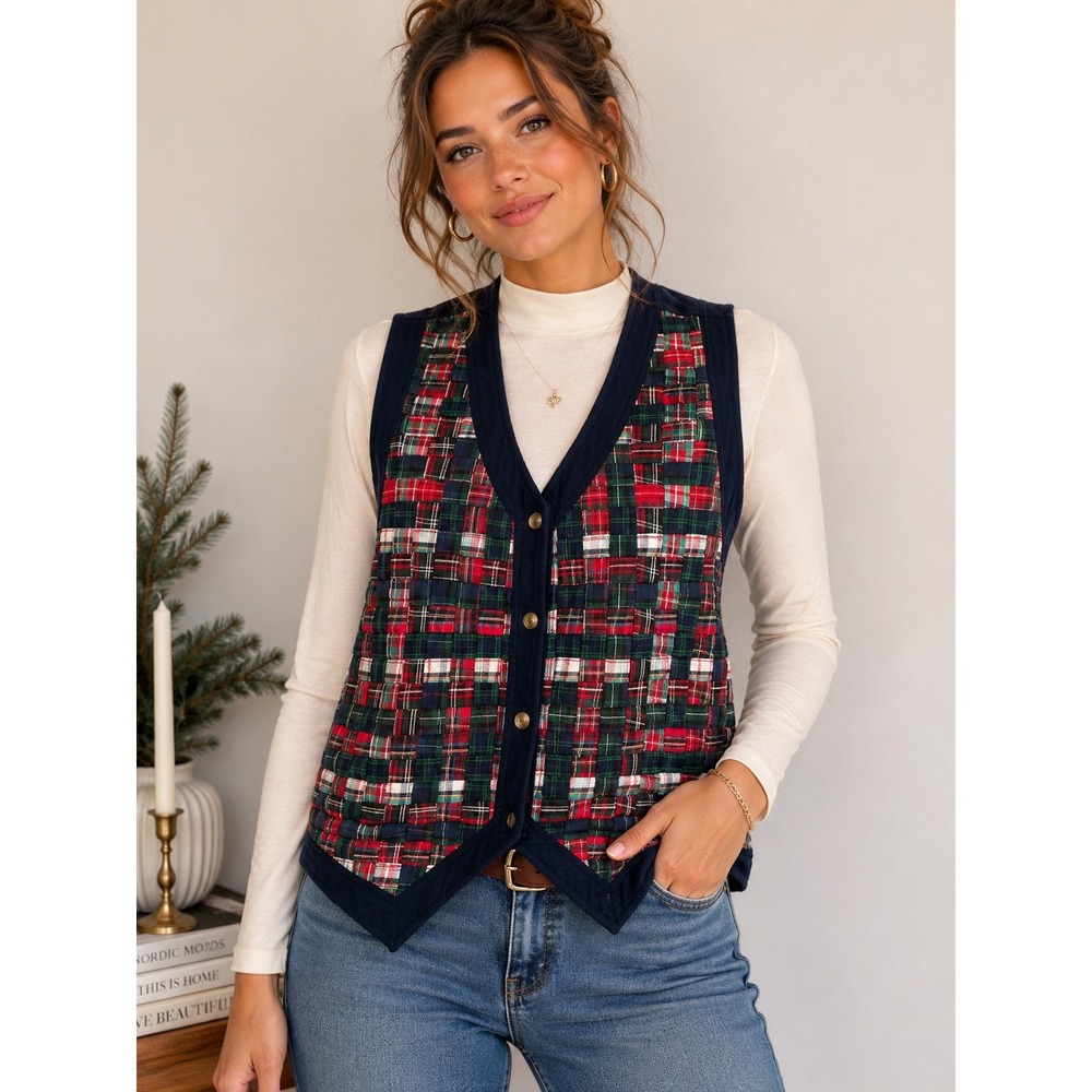 Vintage 90s Button Front Plaid Vest Eclectic Grandpa Grannycore Cottagecore Boho